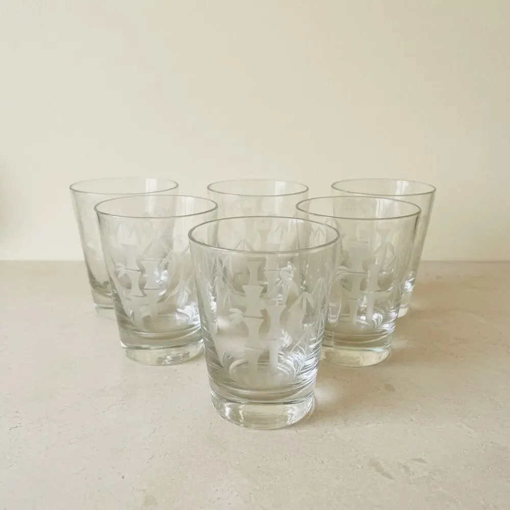 Vintage Sasaki Noritake Bamboo Etched Rocks Glasses Set 6-MCM-Japan-Barware